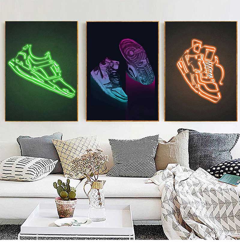 Waterproof Spray Shoe - รองเท้าผ้าใบกราฟฟิตีแฟชั่นพิมพ์โปสเตอร์ศิลปะบนผนังภาพที่ทันสมัยนีออนป๊อปรองเท้ากีฬาภาพวาดผ้าใบสำหรับห้องนั่งเล่นตกแต่งบ้าน
